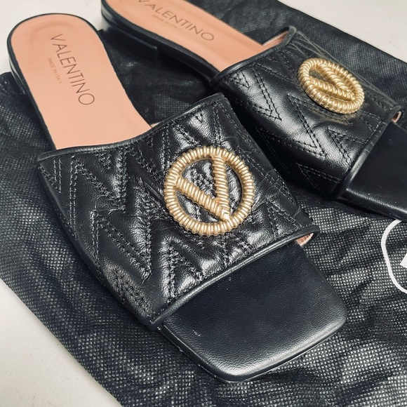 Valentino By Mario Valentino Black and Gold Mules with Distinctive Hardware - Picture 2 of 8